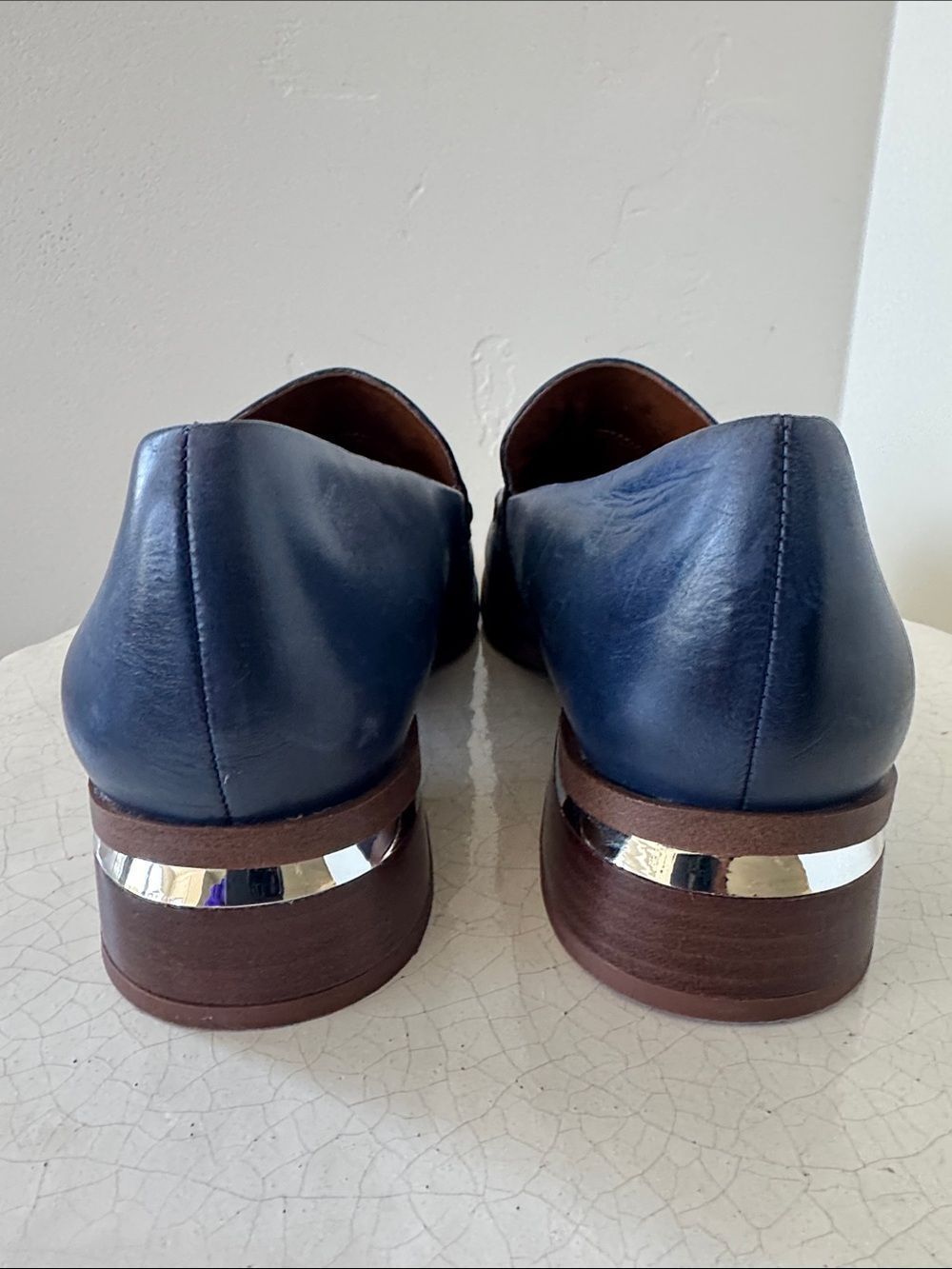 Franco Sarto Blue Leather Slip-On Loafers Block Heel Silver Accents Women’s Sz 8 - Picture 3 of 12